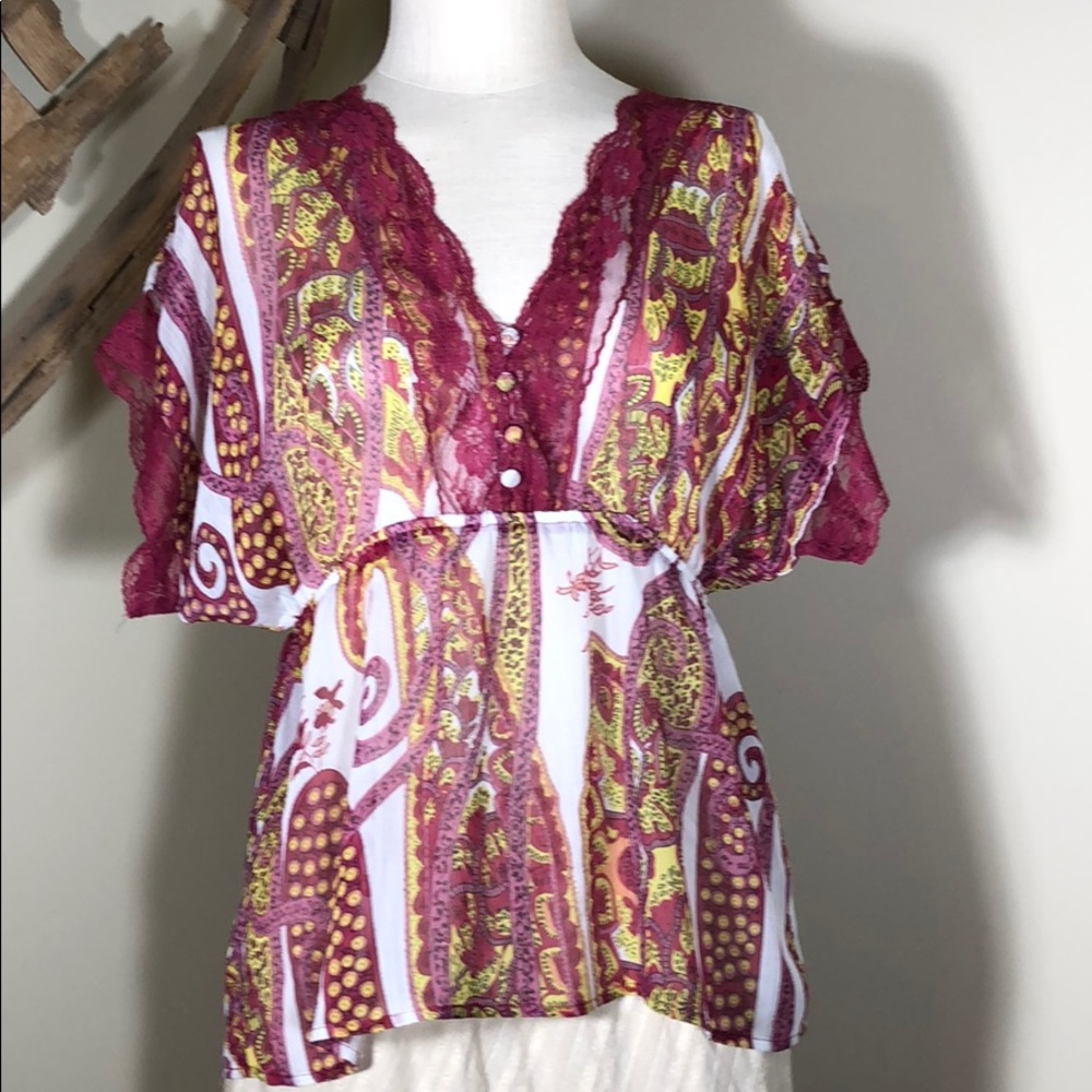 Sheer lace trimmed One World blouse-Gypsy, Boho